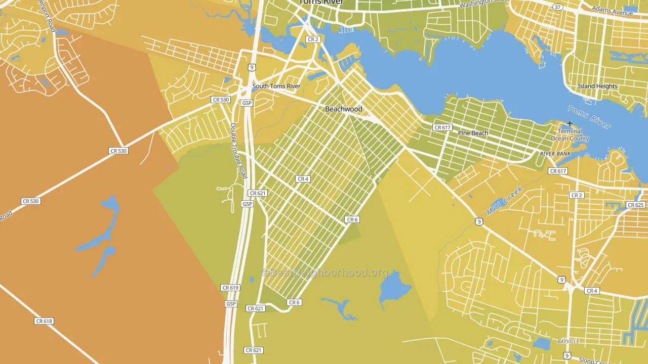 Map of the best neighborhoods in the 08722 area, with better matches in green and worse matches in red
