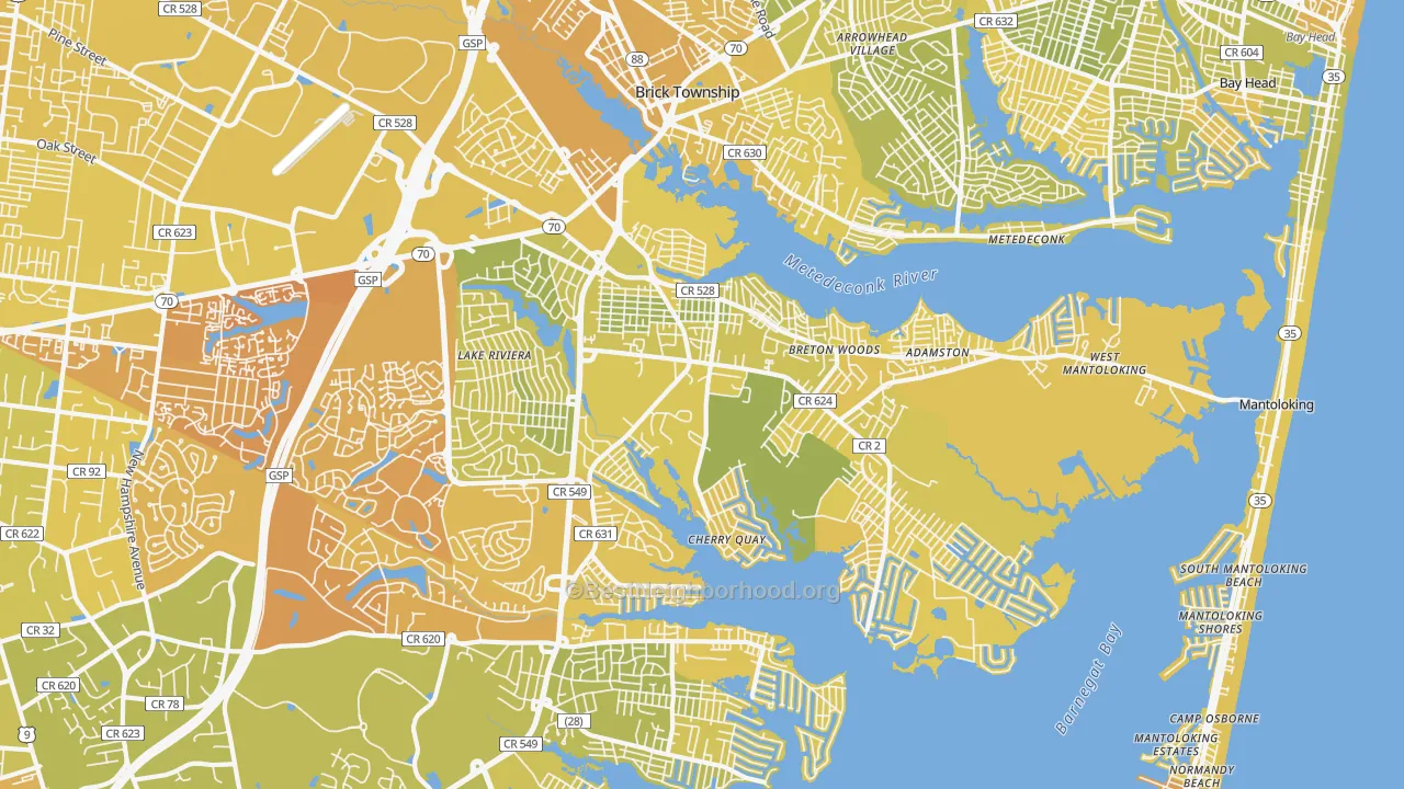 Map of the best neighborhoods in the 08723 area, with better matches in green and worse matches in red