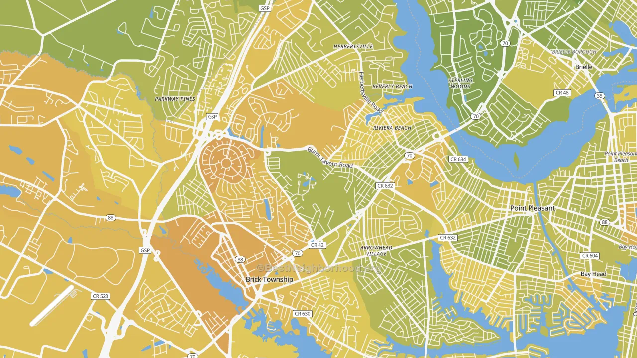 Map of the best neighborhoods in the 08724 area, with better matches in green and worse matches in red