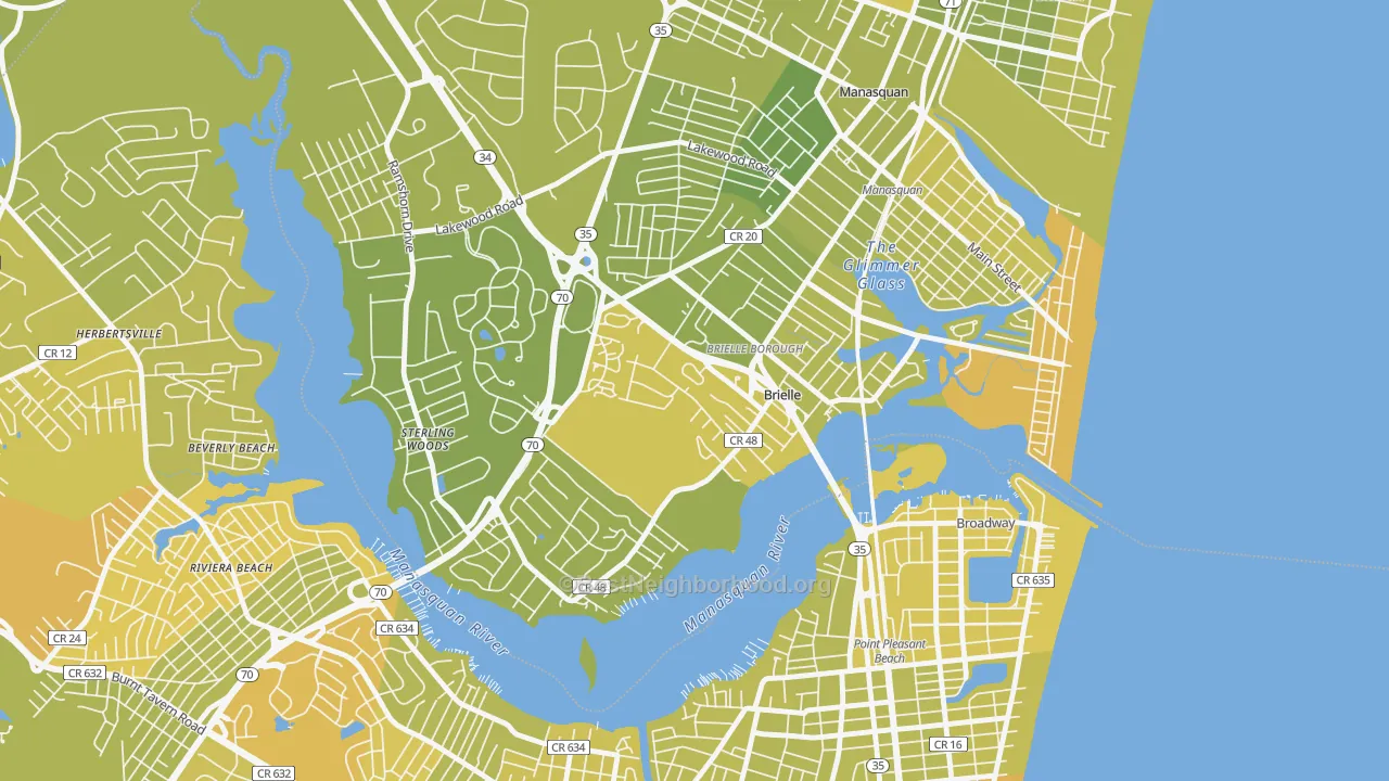 Map of the best neighborhoods in the 08730 area, with better matches in green and worse matches in red