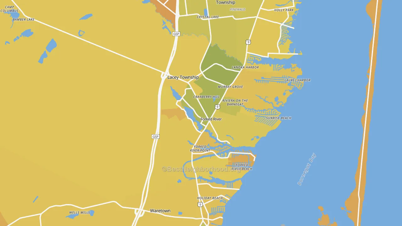 Map of the best neighborhoods in the 08731 area, with better matches in green and worse matches in red