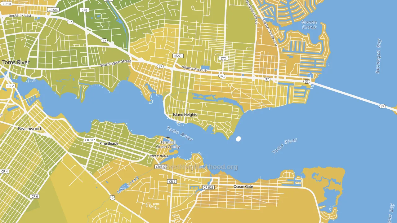 Map of the best neighborhoods in the 08732 area, with better matches in green and worse matches in red