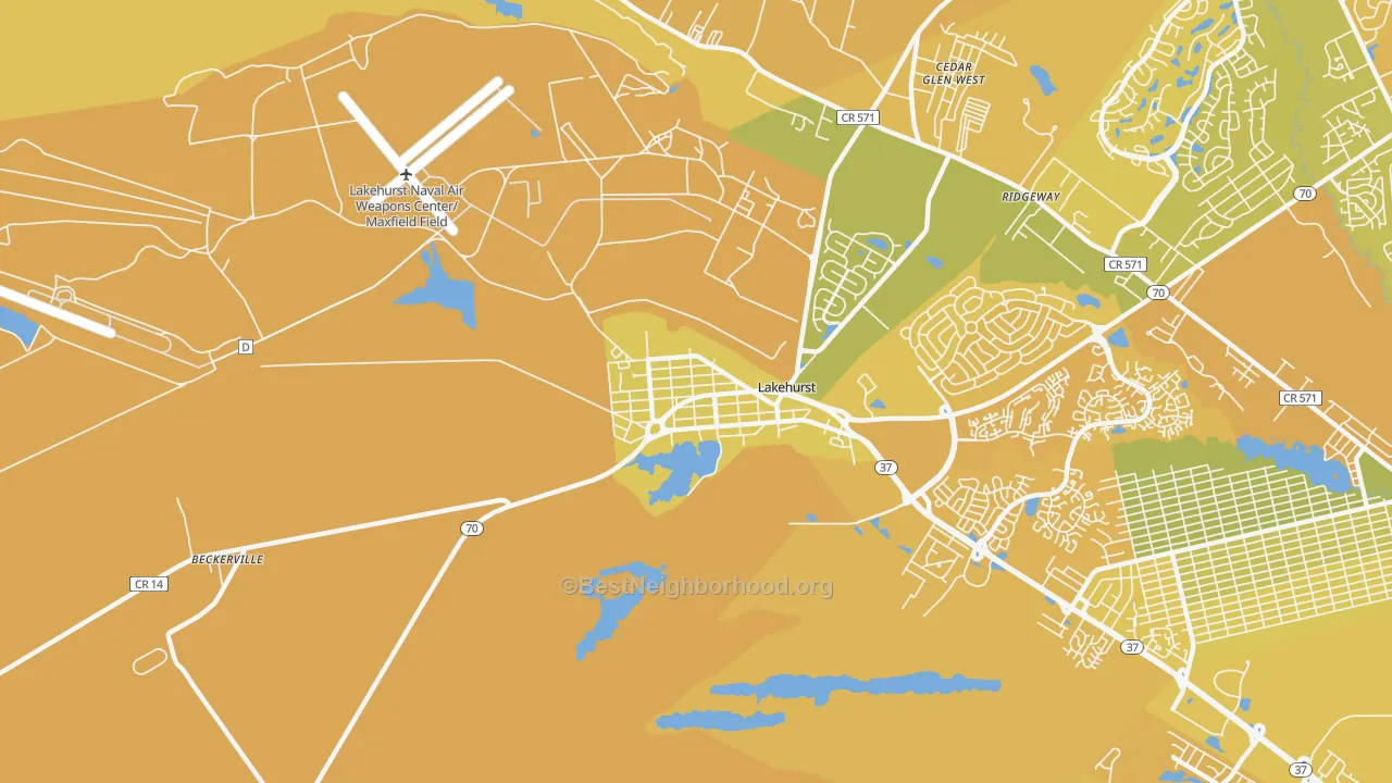 Map of the best neighborhoods in the 08733 area, with better matches in green and worse matches in red