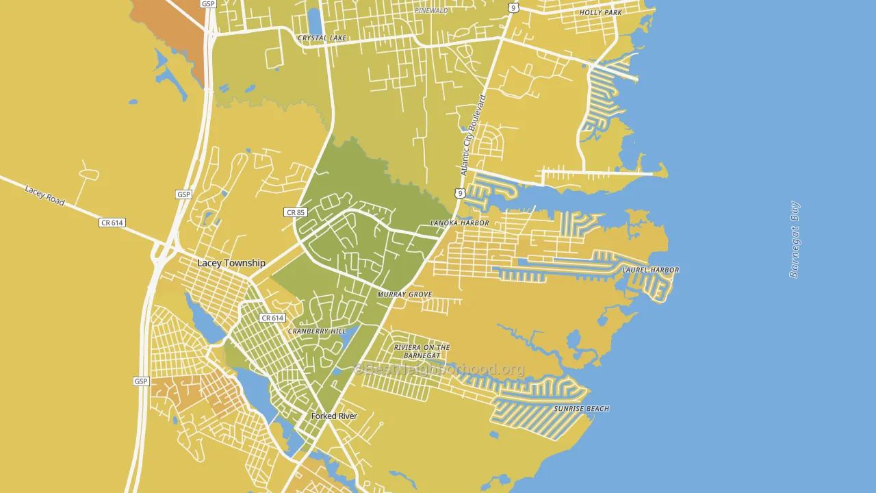Map of the best neighborhoods in the 08734 area, with better matches in green and worse matches in red