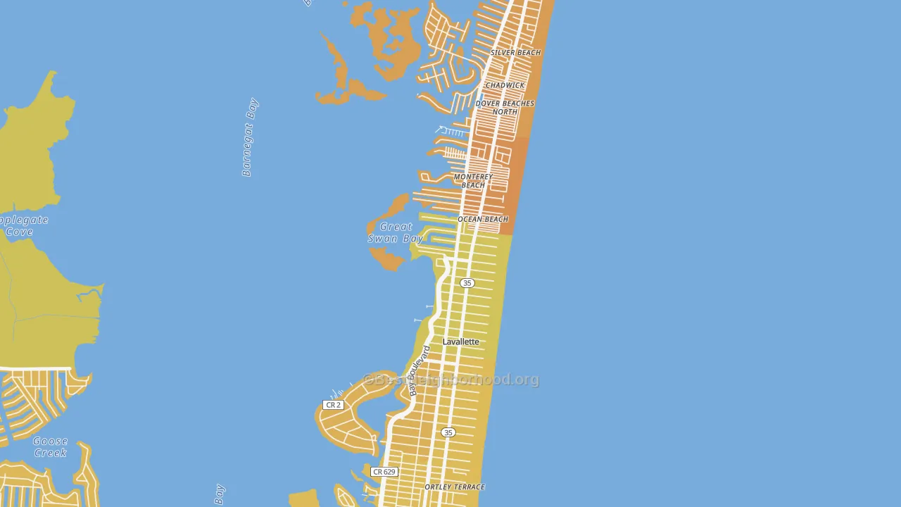Map of the best neighborhoods in the 08735 area, with better matches in green and worse matches in red
