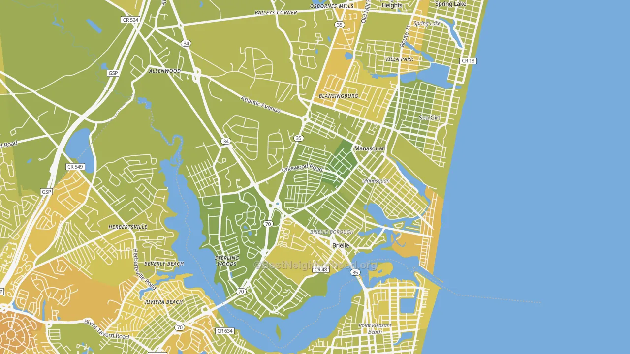 Map of the best neighborhoods in the 08736 area, with better matches in green and worse matches in red
