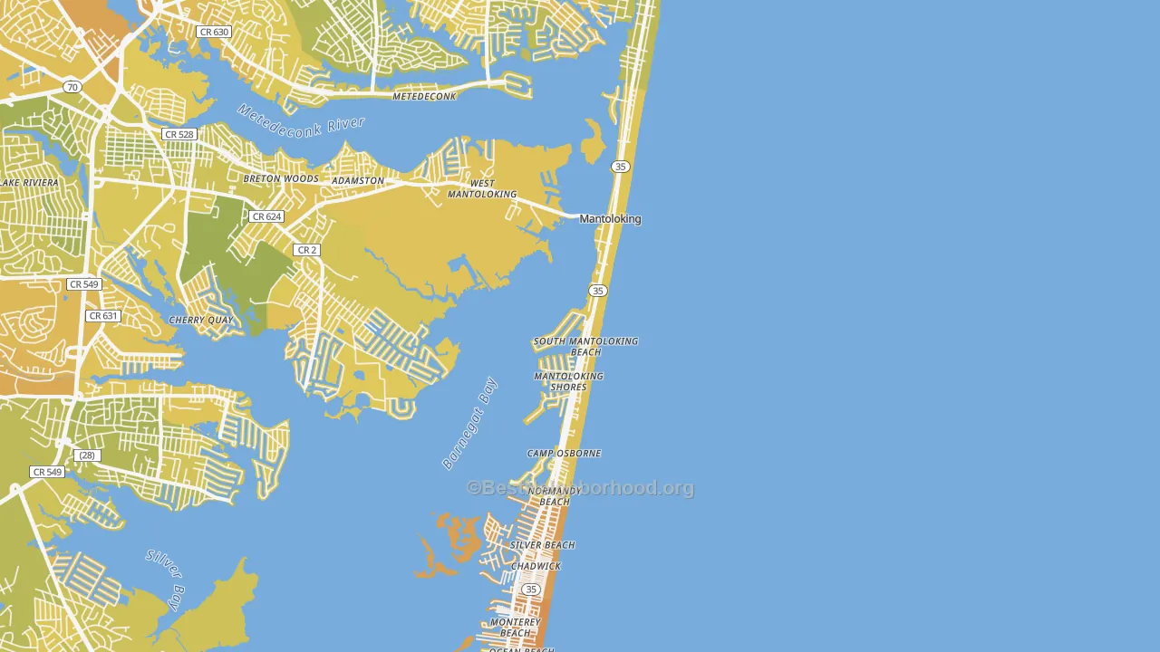 Map of the best neighborhoods in the 08738 area, with better matches in green and worse matches in red