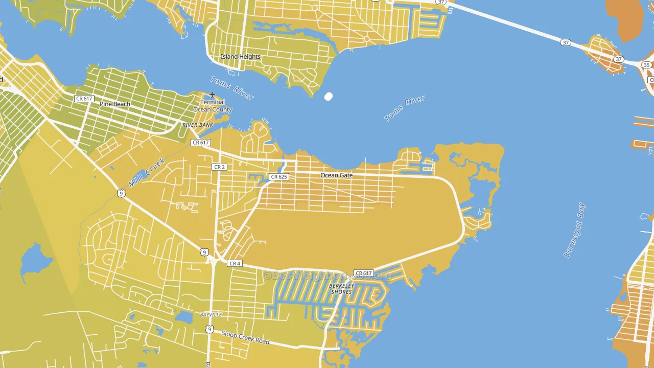 Map of the best neighborhoods in the 08740 area, with better matches in green and worse matches in red