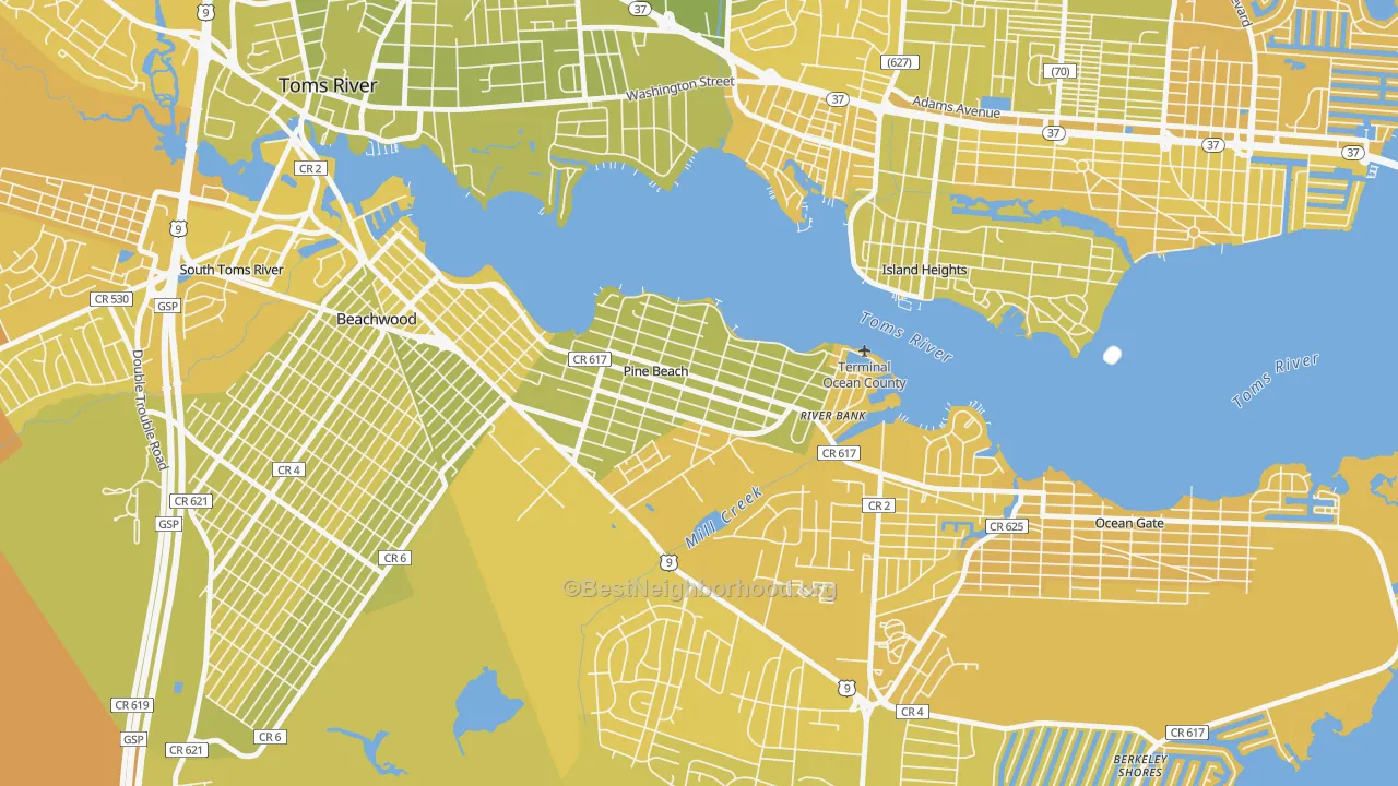 Map of the best neighborhoods in the 08741 area, with better matches in green and worse matches in red