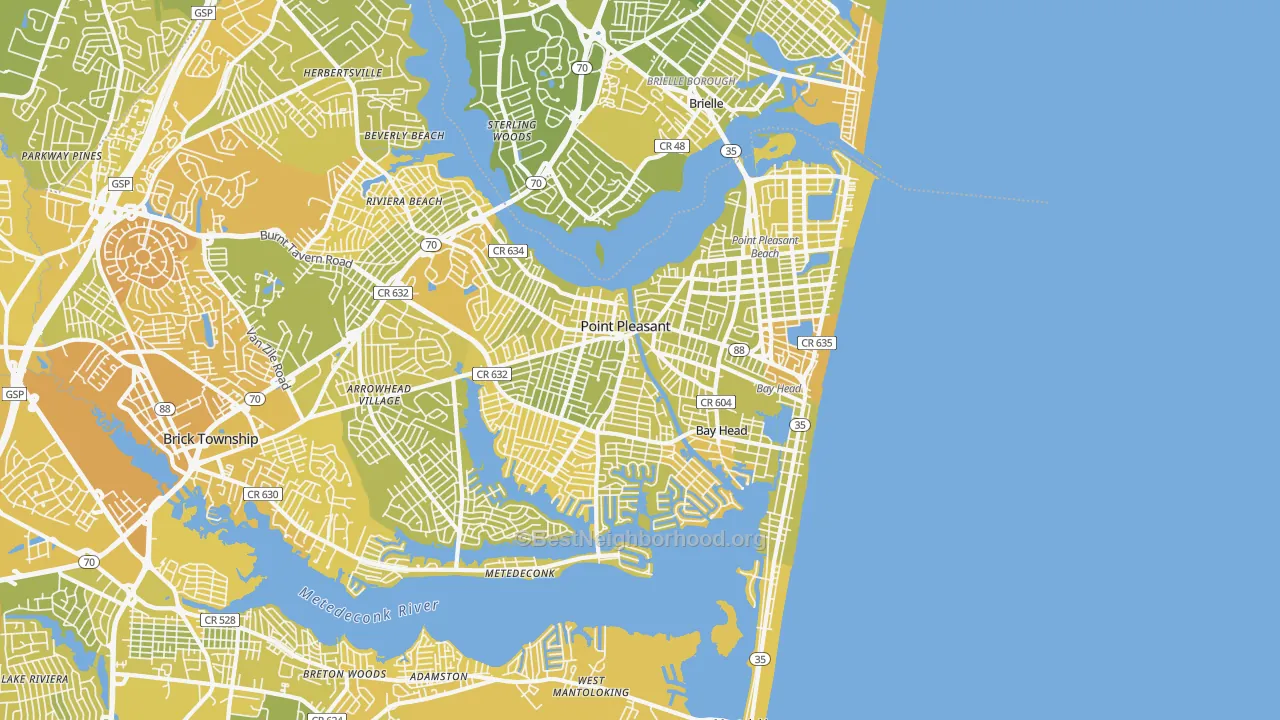 Map of the best neighborhoods in the 08742 area, with better matches in green and worse matches in red