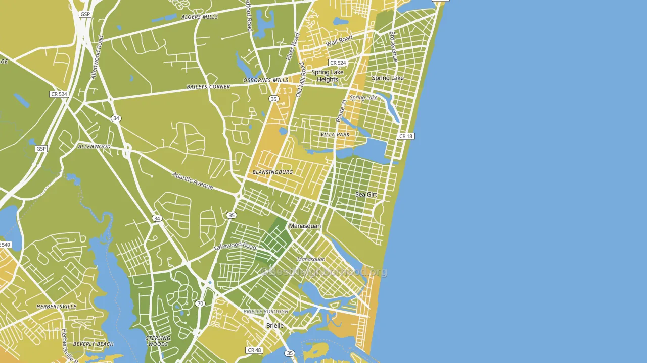 Map of the best neighborhoods in the 08750 area, with better matches in green and worse matches in red