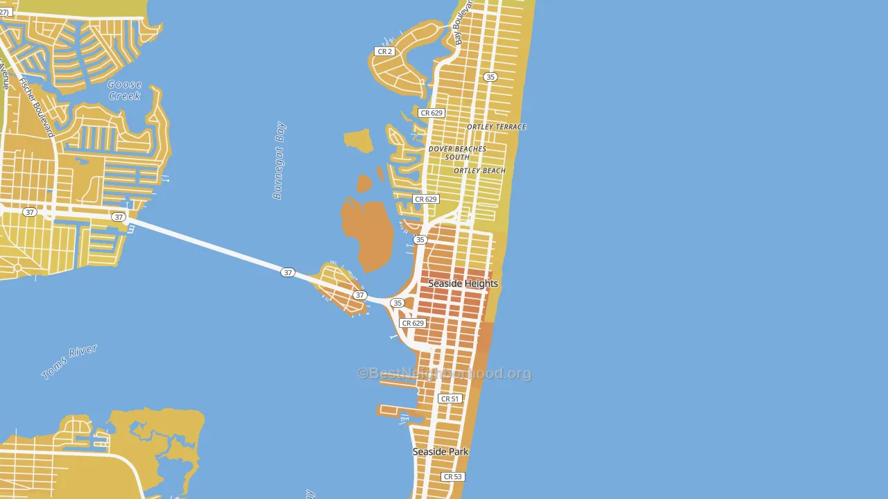 Map of the best neighborhoods in the 08751 area, with better matches in green and worse matches in red