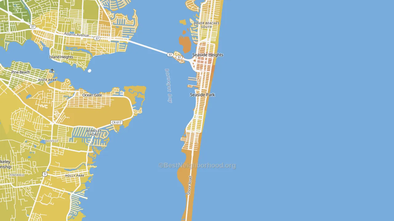 Map of the best neighborhoods in the 08752 area, with better matches in green and worse matches in red
