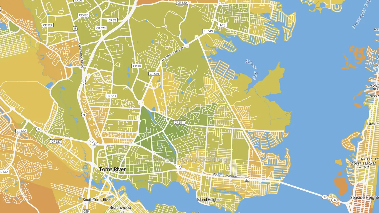 Map of the best neighborhoods in the 08753 area, with better matches in green and worse matches in red