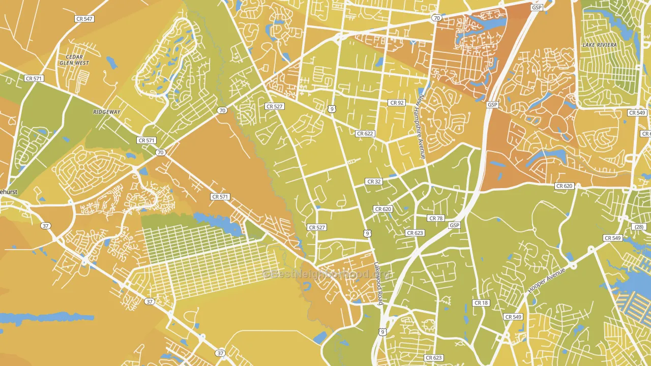 Map of the best neighborhoods in the 08755 area, with better matches in green and worse matches in red