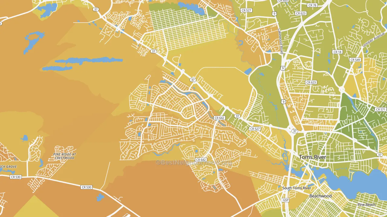 Map of the best neighborhoods in the 08757 area, with better matches in green and worse matches in red