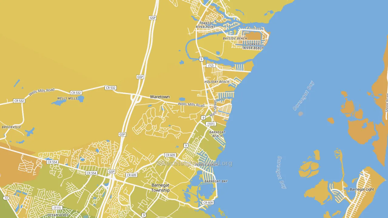 Map of the best neighborhoods in the 08758 area, with better matches in green and worse matches in red