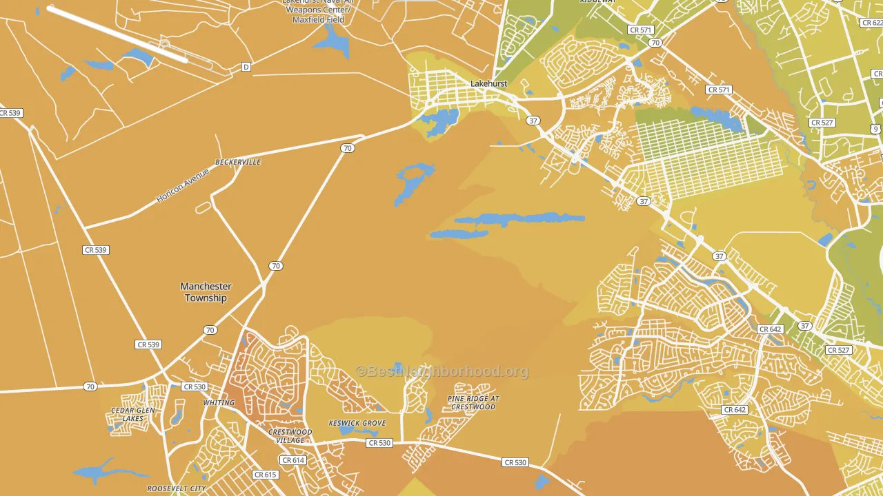 Map of the best neighborhoods in the 08759 area, with better matches in green and worse matches in red