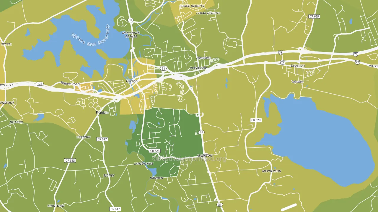 Map of the best neighborhoods in the 08801 area, with better matches in green and worse matches in red