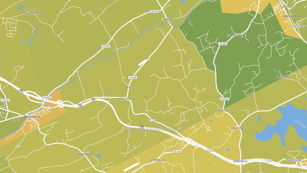 Map of the best neighborhoods in the 08802 area, with better matches in green and worse matches in red