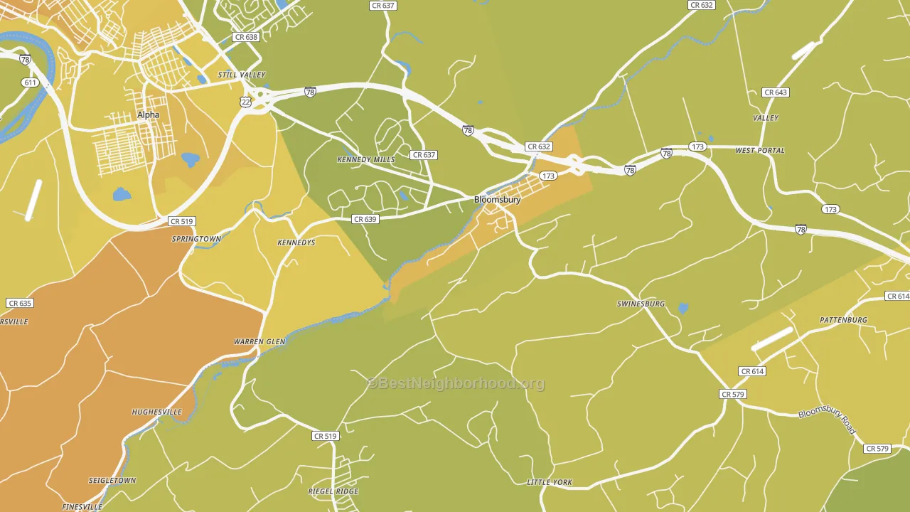 Map of the best neighborhoods in the 08804 area, with better matches in green and worse matches in red