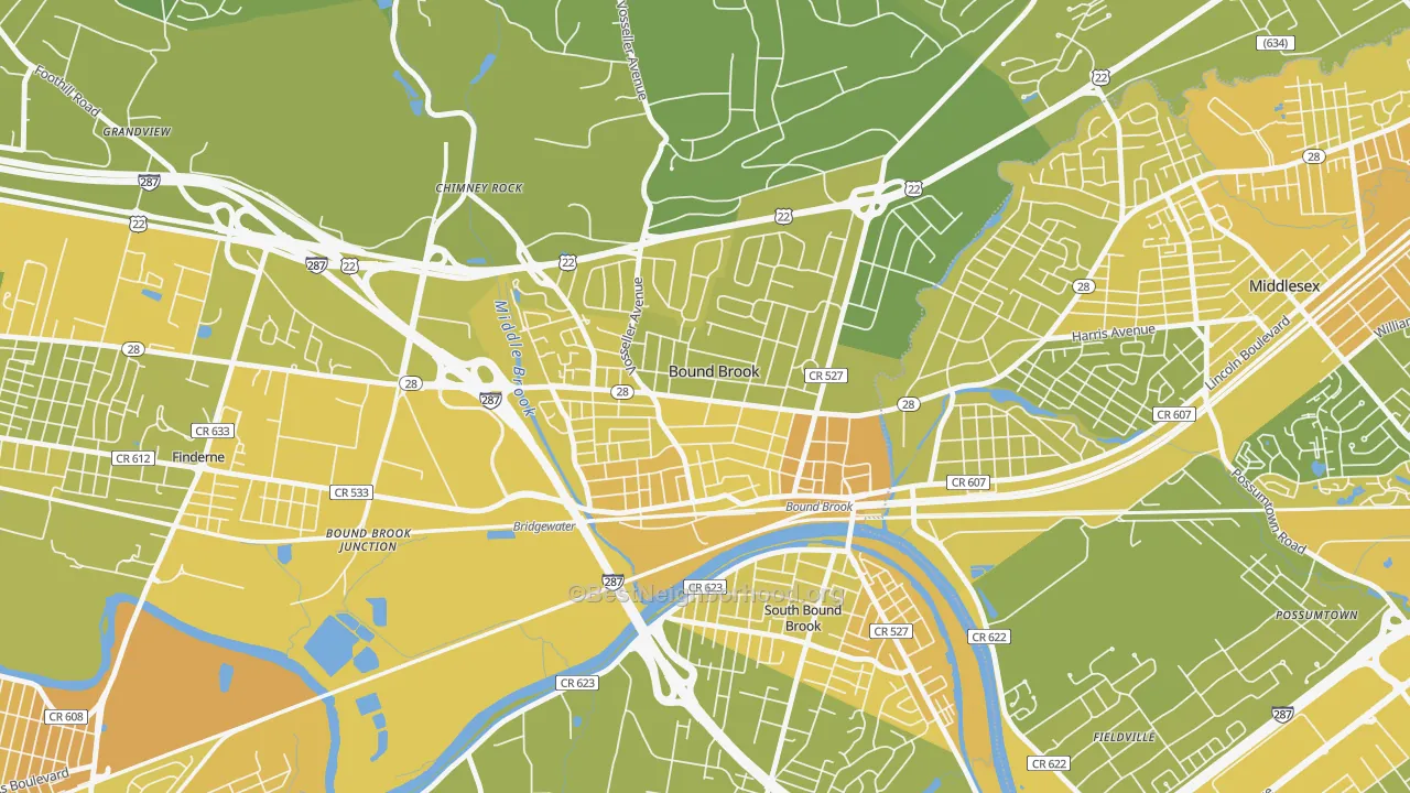 Map of the best neighborhoods in the 08805 area, with better matches in green and worse matches in red