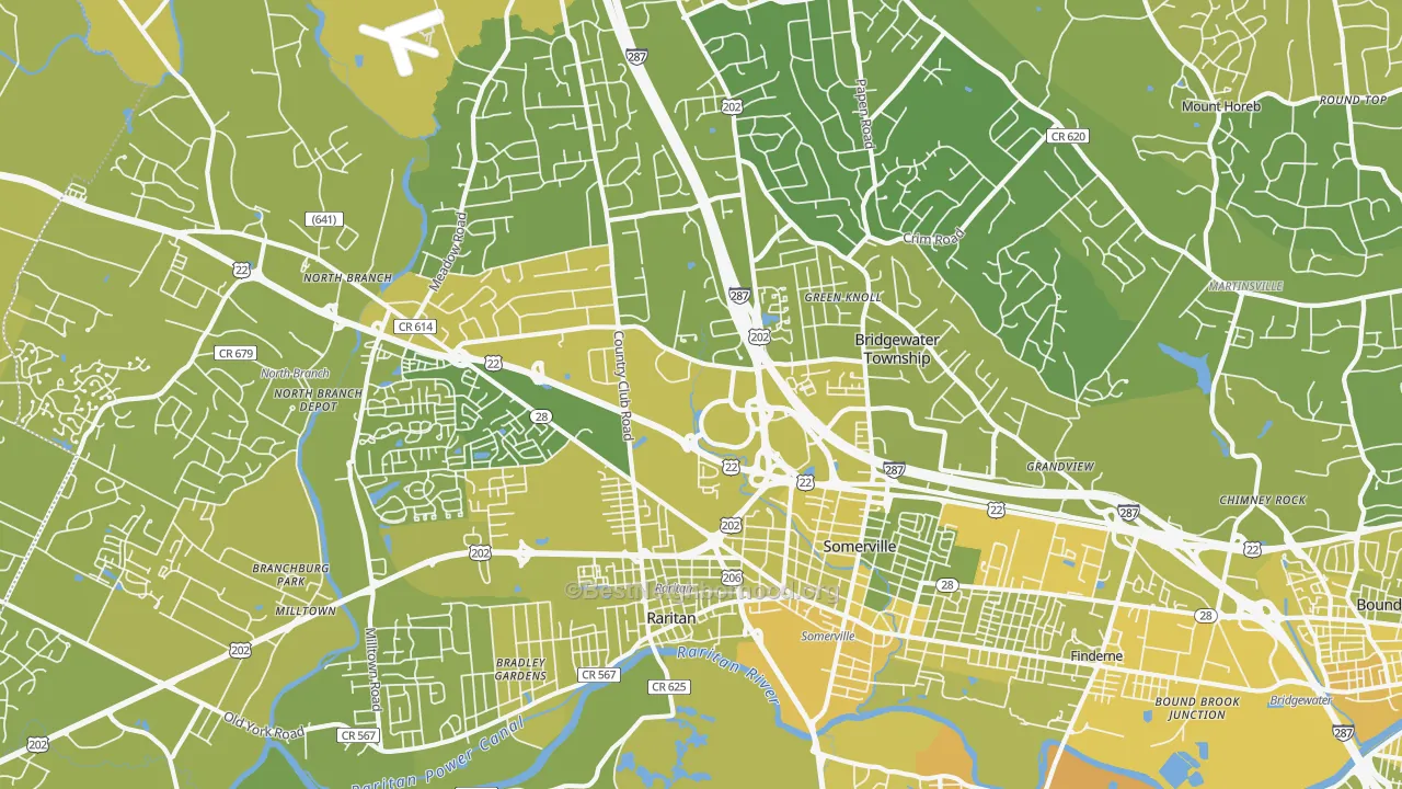 Map of the best neighborhoods in the 08807 area, with better matches in green and worse matches in red