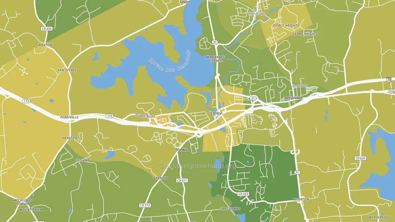 Map of the best neighborhoods in the 08809 area, with better matches in green and worse matches in red