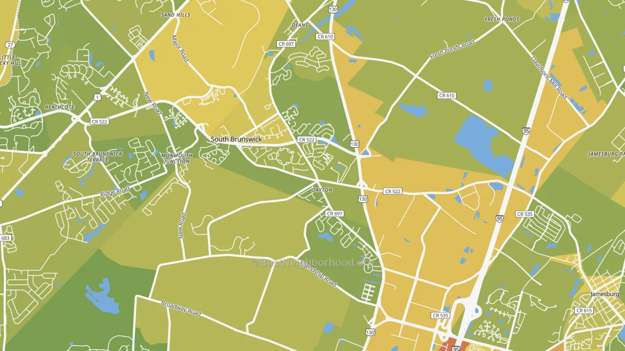 Map of the best neighborhoods in the 08810 area, with better matches in green and worse matches in red