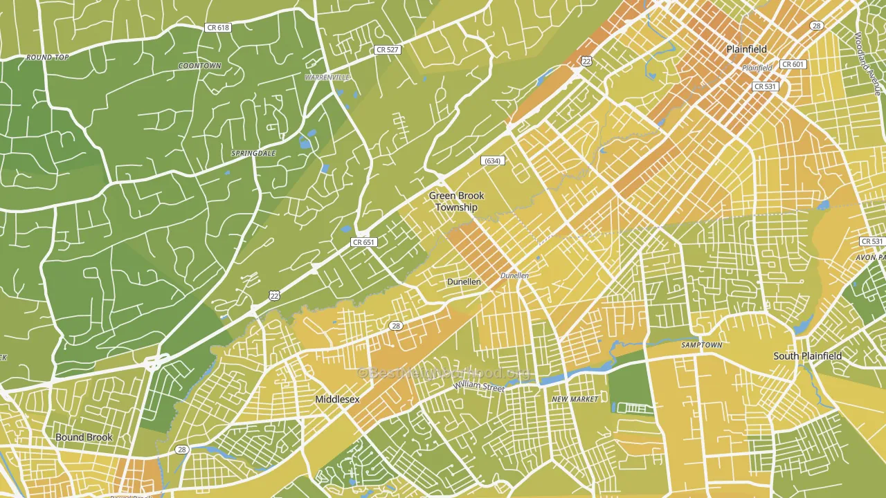 Map of the best neighborhoods in the 08812 area, with better matches in green and worse matches in red