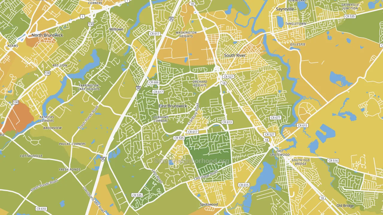 Map of the best neighborhoods in the 08816 area, with better matches in green and worse matches in red