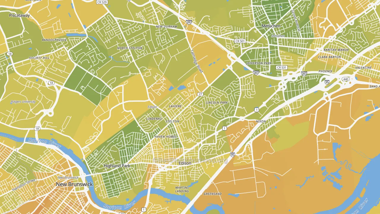 Map of the best neighborhoods in the 08817 area, with better matches in green and worse matches in red