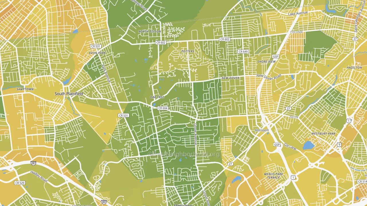 Map of the best neighborhoods in the 08820 area, with better matches in green and worse matches in red