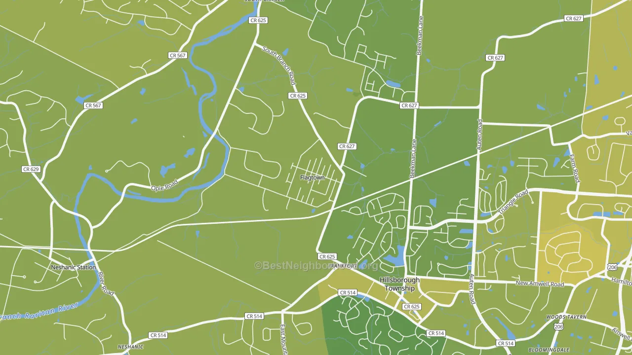 Map of the best neighborhoods in the 08821 area, with better matches in green and worse matches in red