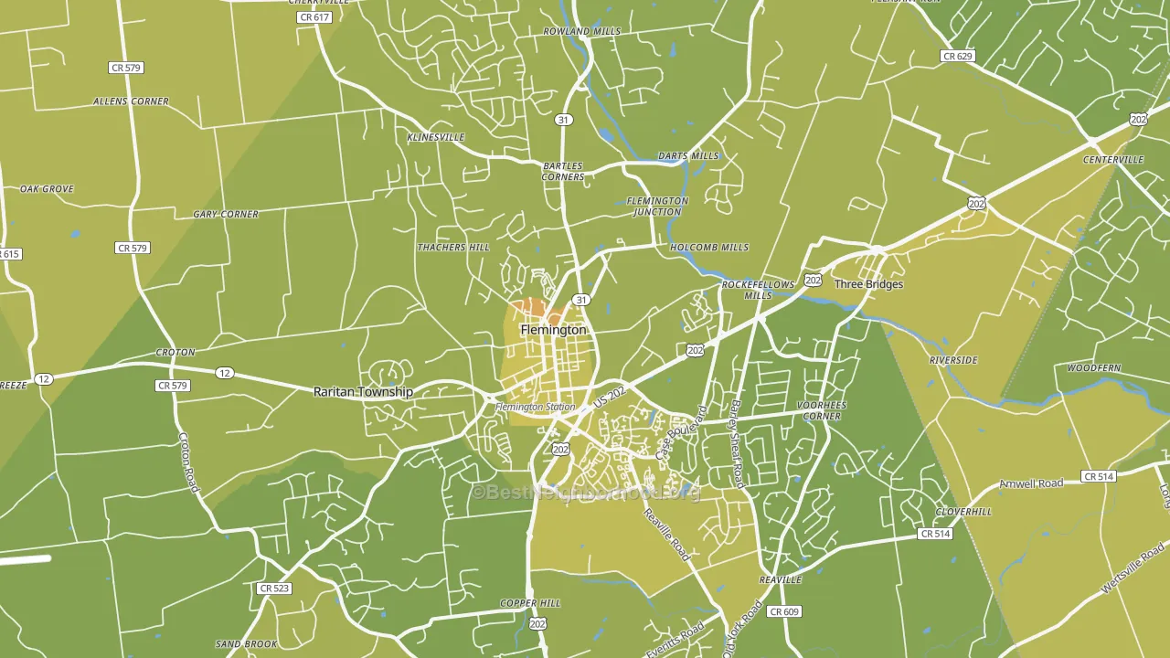 Map of the best neighborhoods in the 08822 area, with better matches in green and worse matches in red