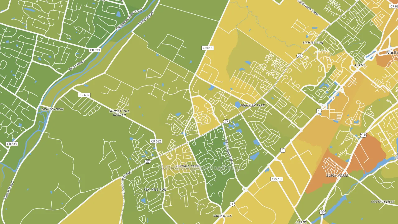 Map of the best neighborhoods in the 08823 area, with better matches in green and worse matches in red