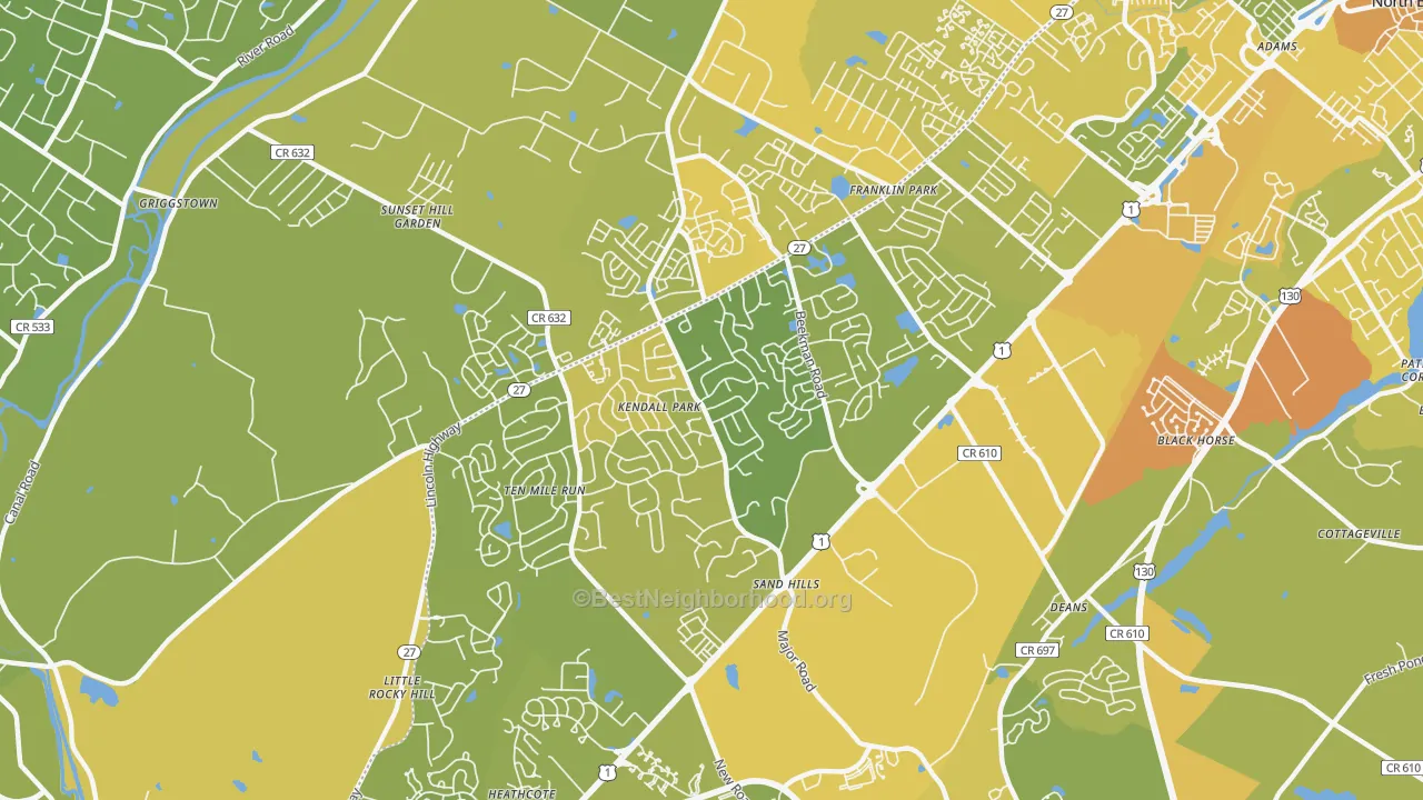 Map of the best neighborhoods in the 08824 area, with better matches in green and worse matches in red