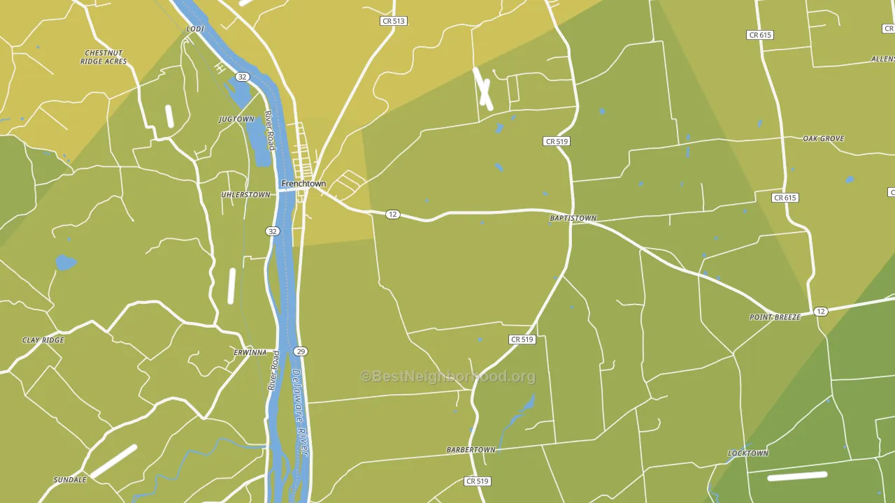 Map of the best neighborhoods in the 08825 area, with better matches in green and worse matches in red