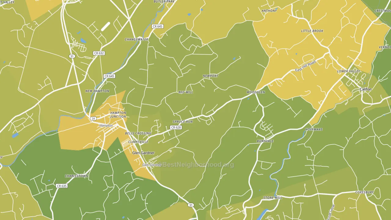 Map of the best neighborhoods in the 08826 area, with better matches in green and worse matches in red
