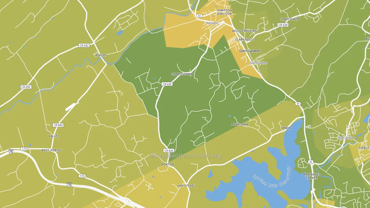 Map of the best neighborhoods in the 08827 area, with better matches in green and worse matches in red
