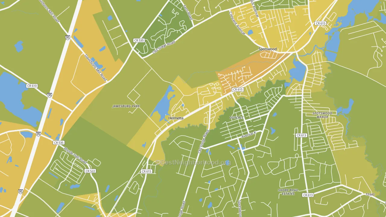Map of the best neighborhoods in the 08828 area, with better matches in green and worse matches in red