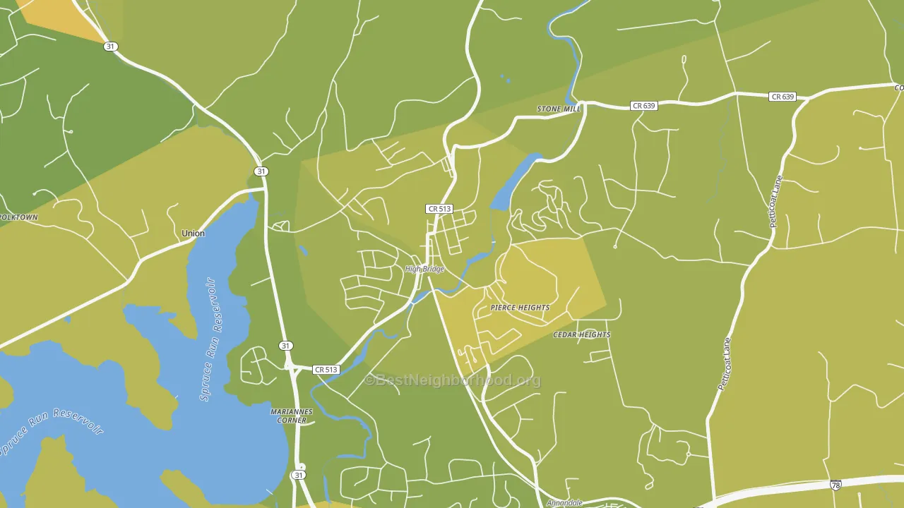 Map of the best neighborhoods in the 08829 area, with better matches in green and worse matches in red