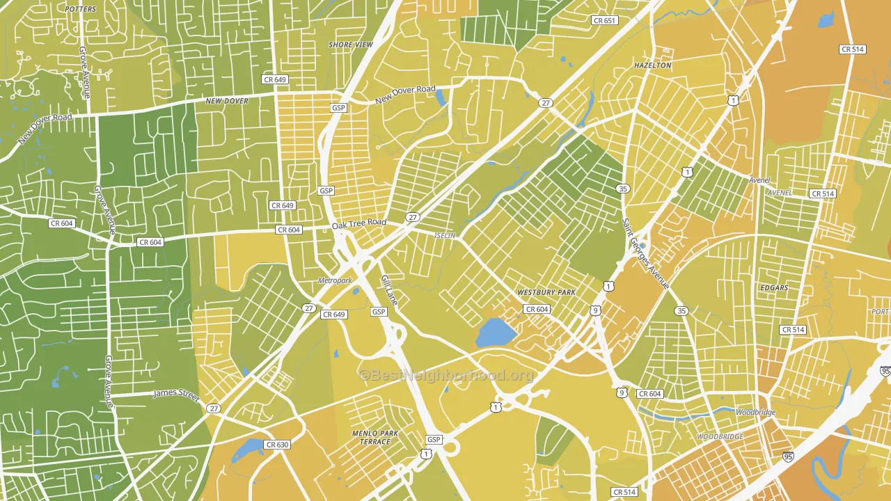 Map of the best neighborhoods in the 08830 area, with better matches in green and worse matches in red