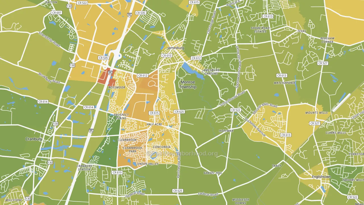 Map of the best neighborhoods in the 08831 area, with better matches in green and worse matches in red