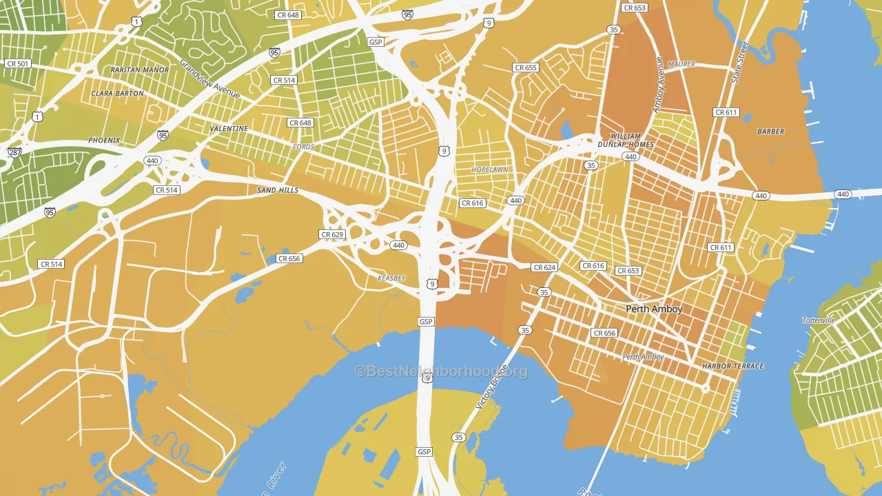 Map of the best neighborhoods in the 08832 area, with better matches in green and worse matches in red