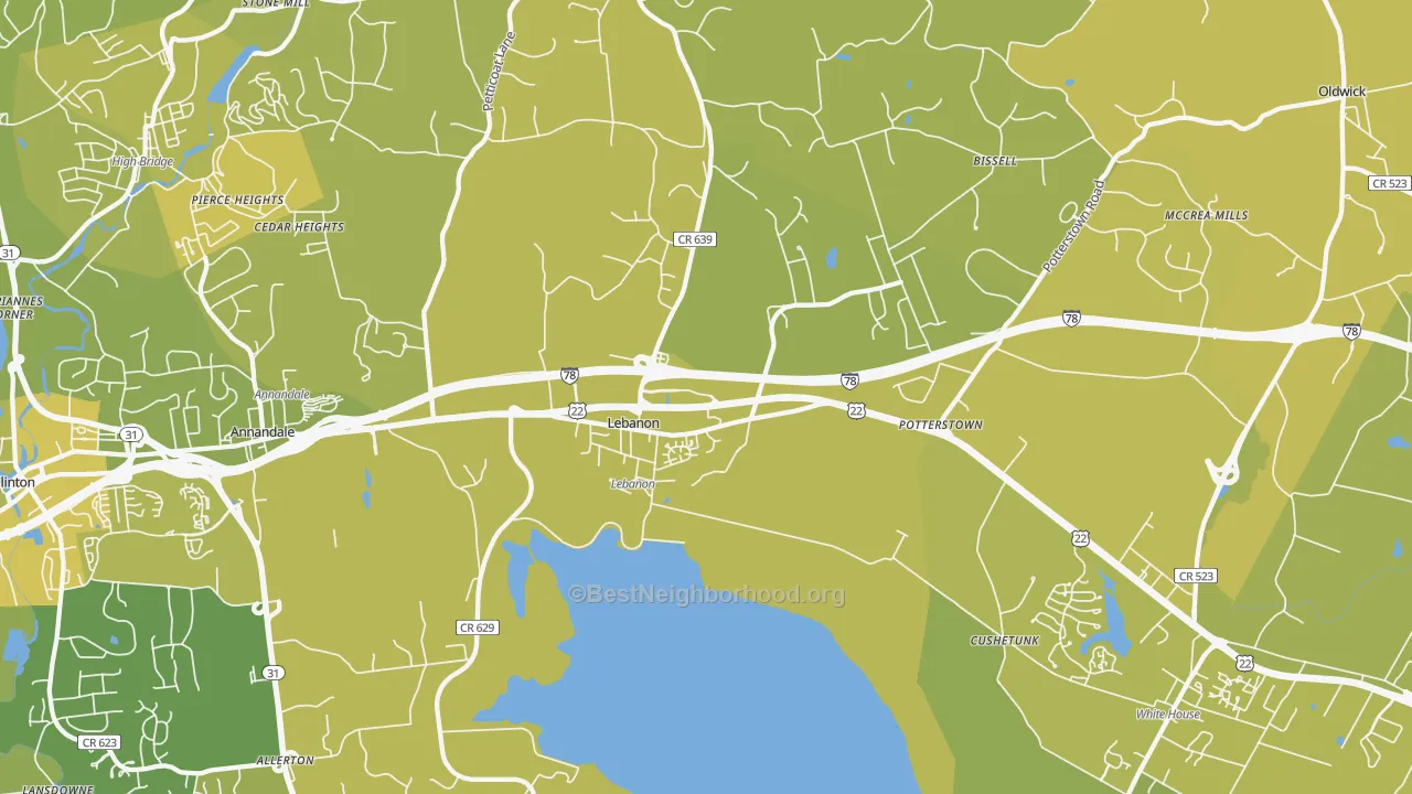 Map of the best neighborhoods in the 08833 area, with better matches in green and worse matches in red