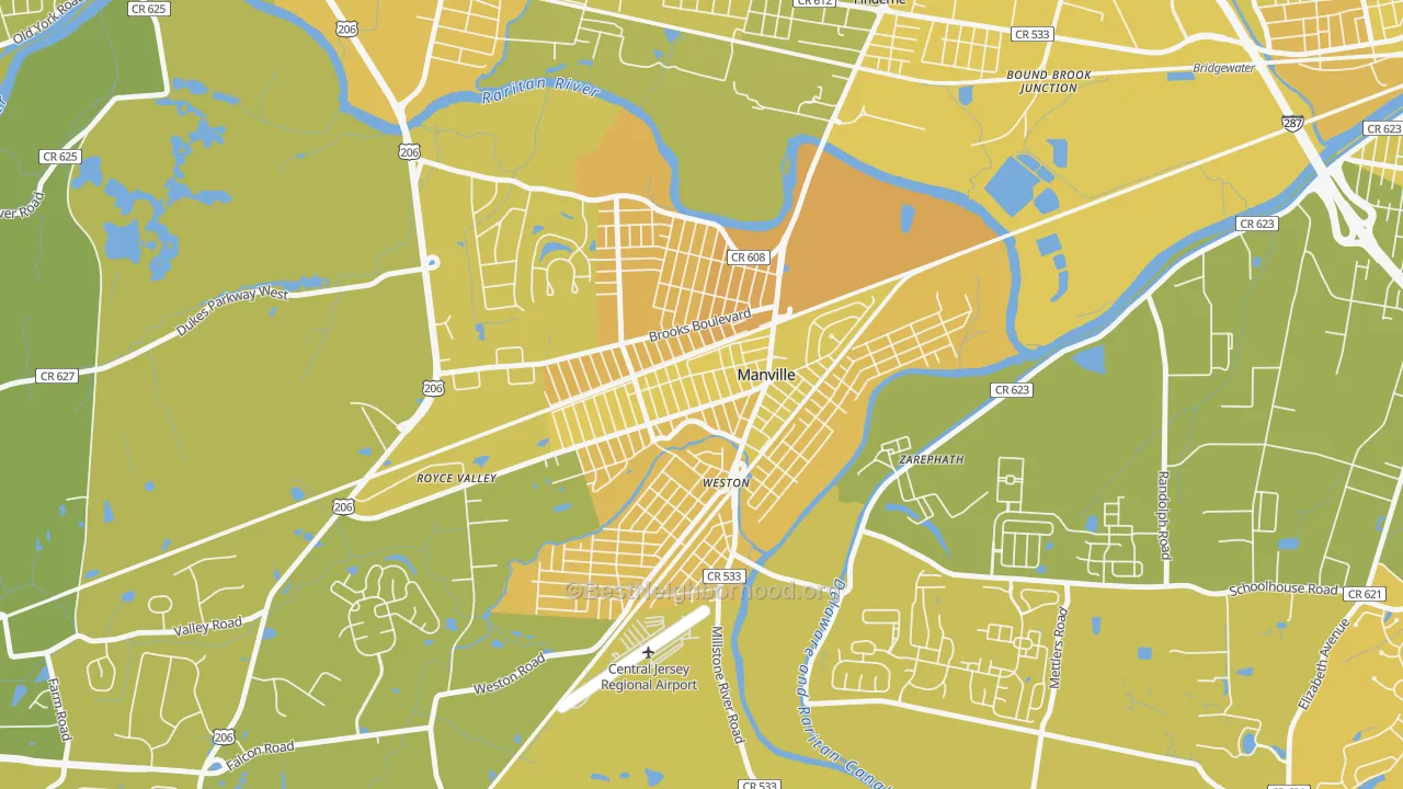 Map of the best neighborhoods in the 08835 area, with better matches in green and worse matches in red