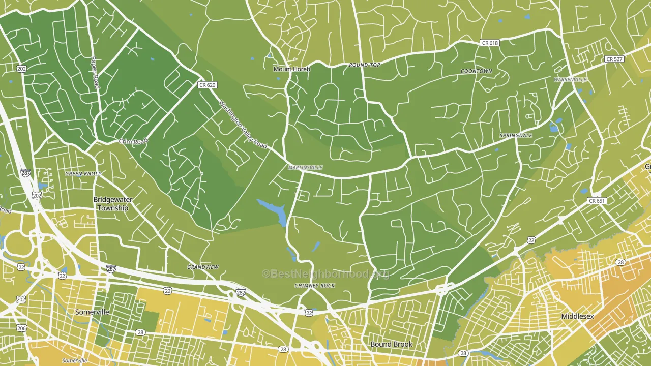 Map of the best neighborhoods in the 08836 area, with better matches in green and worse matches in red