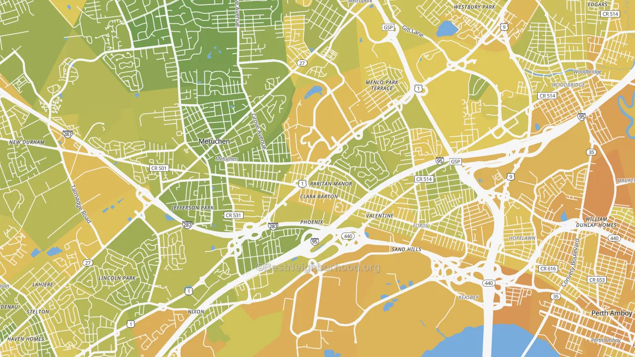 Map of the best neighborhoods in the 08837 area, with better matches in green and worse matches in red