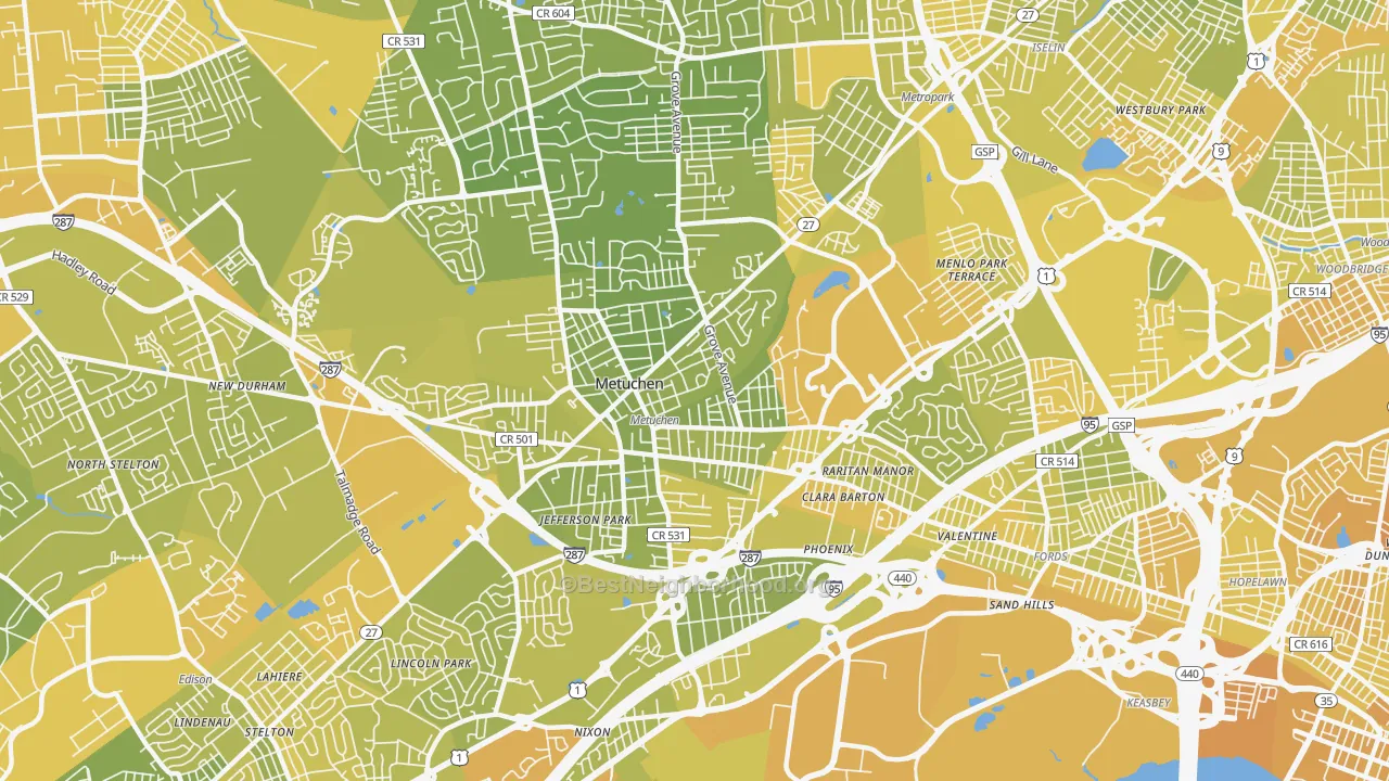 Map of the best neighborhoods in the 08840 area, with better matches in green and worse matches in red